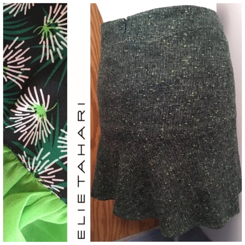 ☀️ Elie Tahari 10 Green Tweed Skirt Floral Lined